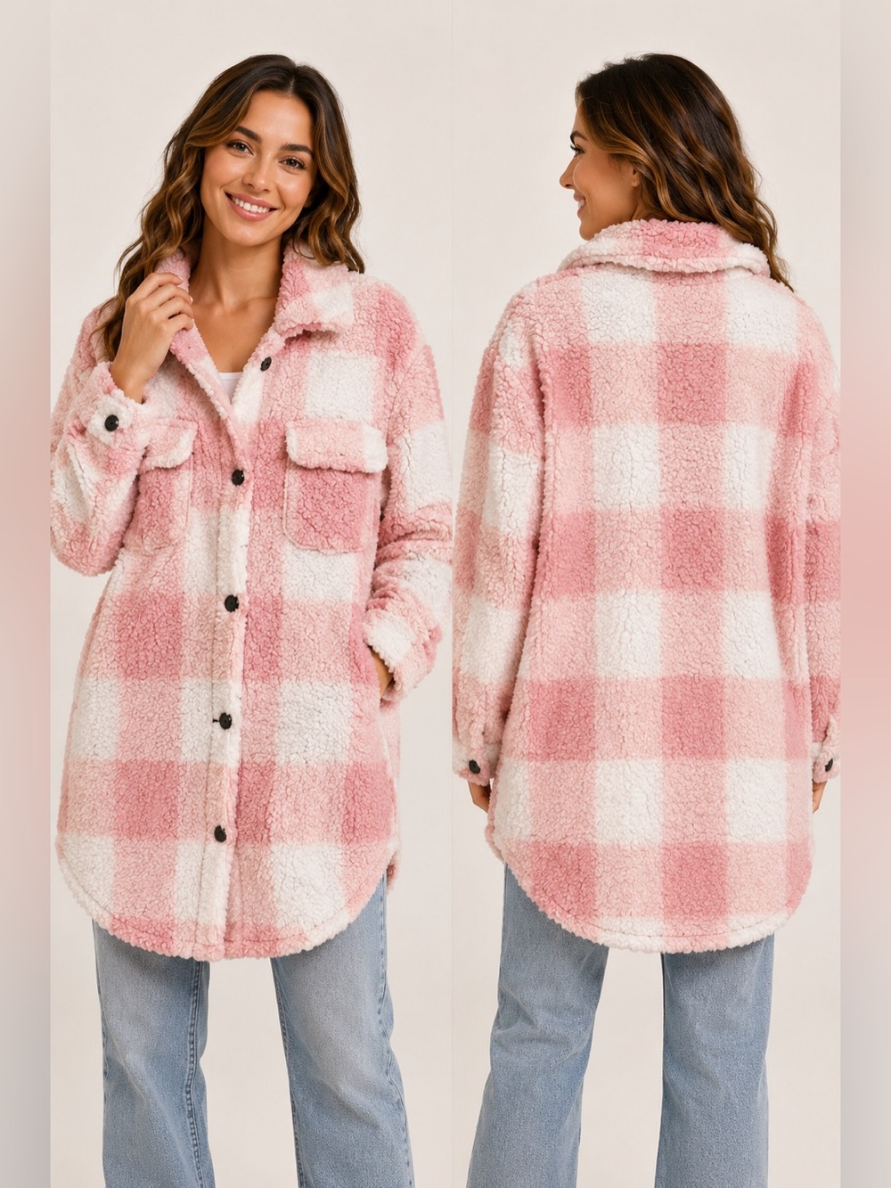 Miss Sparkling Pink Plaid Sherpa Shacket Oversized Small Teddy Coat NWOT